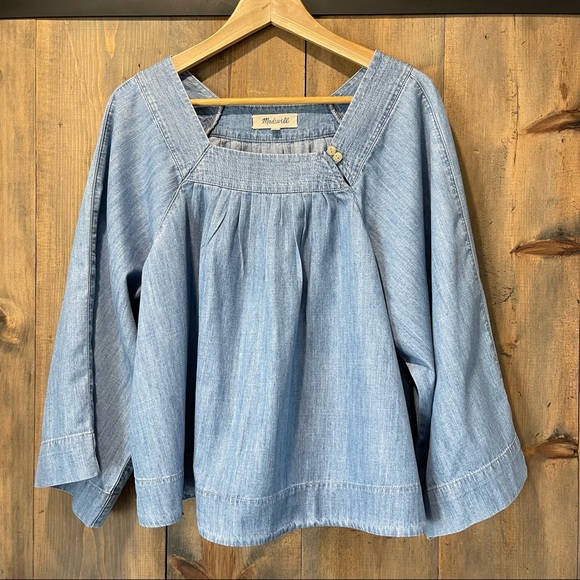 Madewell square neck bell sleeve chambray peasant crop top - Picture 2 of 7